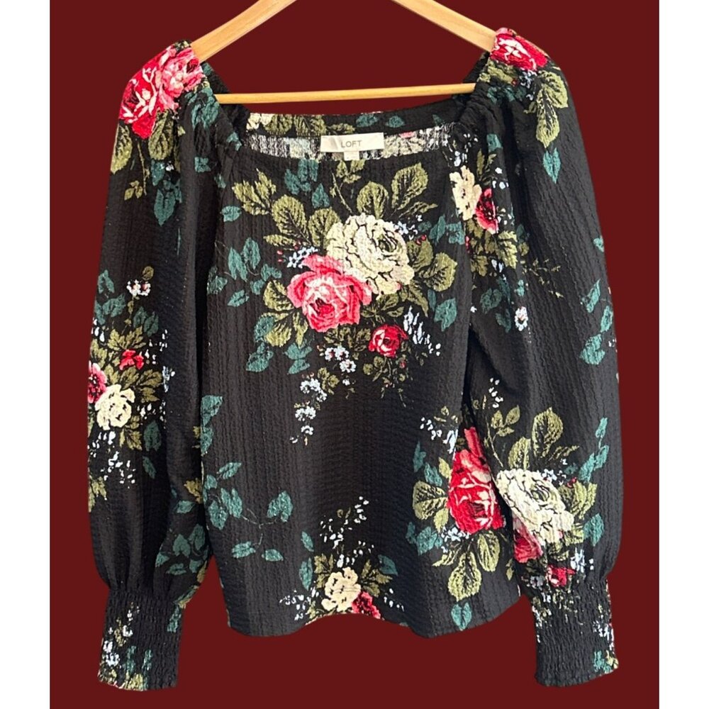 Loft Black Floral Rose Print Peasant Blouse Long Sleeve Smocked Cuff Top Medium